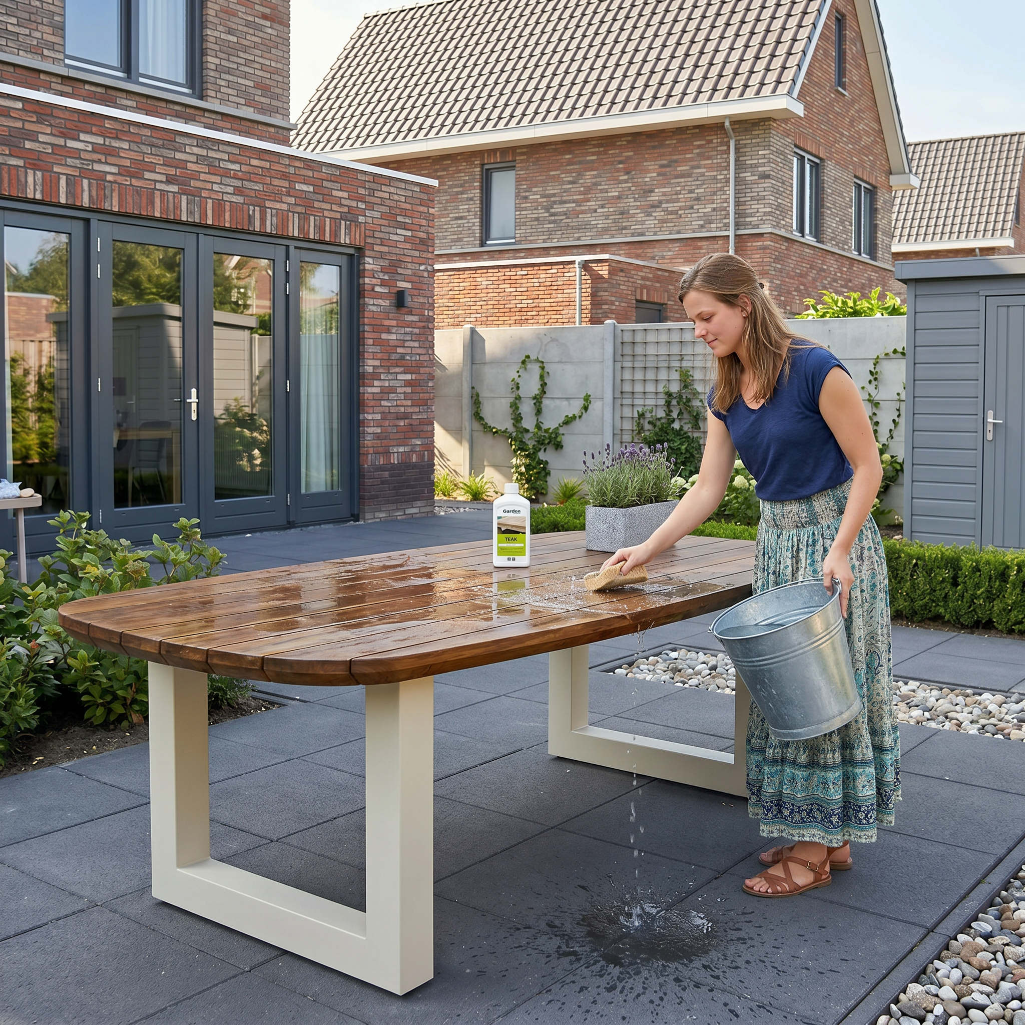 Een vrouw reinigt een natgemaakte houten tuintafel met een spons. Op de tafel staat een fles Teak Reiniger en ze houdt een metalen emmer vast.