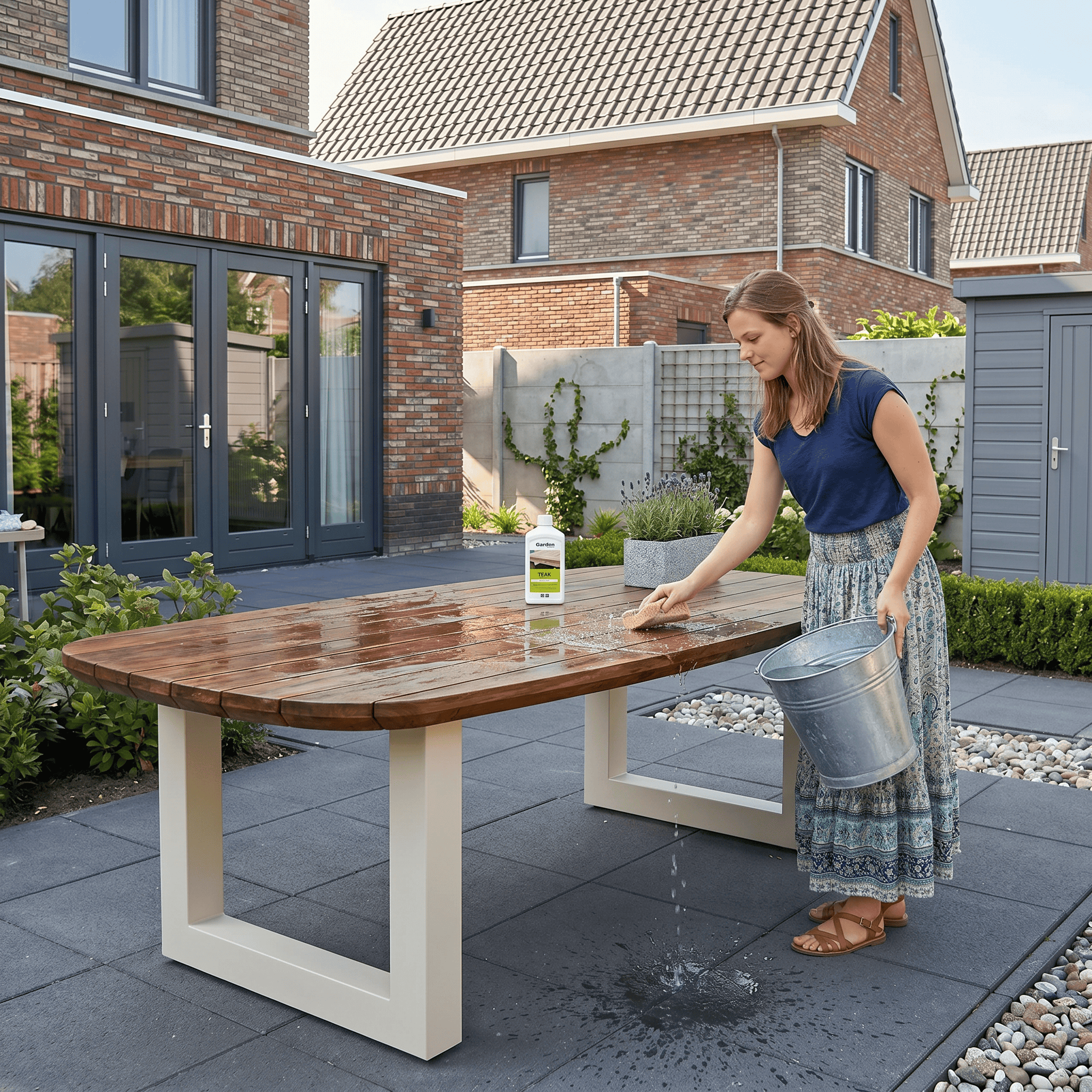 Vrouw reinigt een grote geoliede houten tuintafel met een spons, emmer water en Teak Reiniger op een terras.
