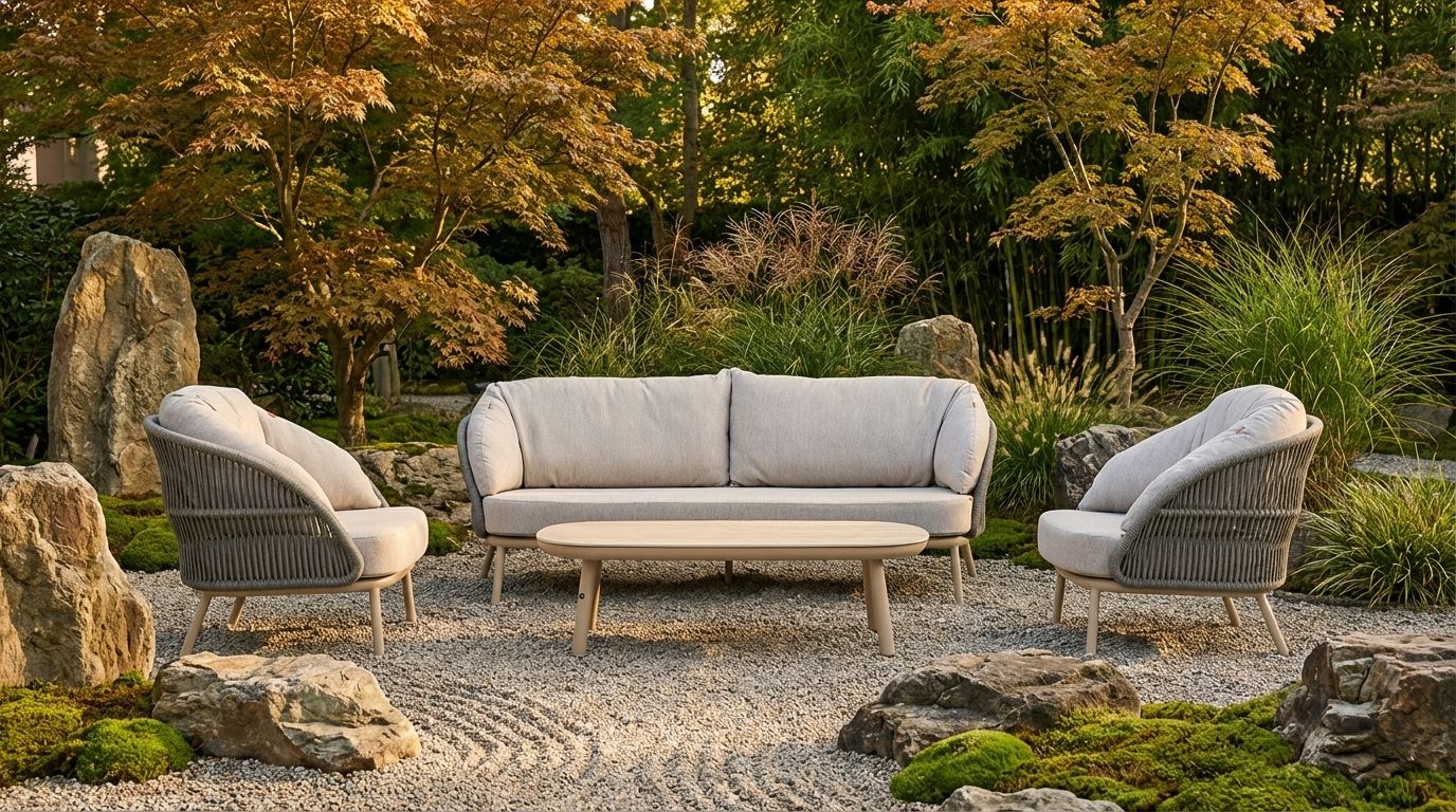 Japanse tuin met moderne aluminium loungeset en lage loungetafel op grind, omringd door Japanse esdoorn, bamboe en siergrassen, in een serene, minimalistische setting.
