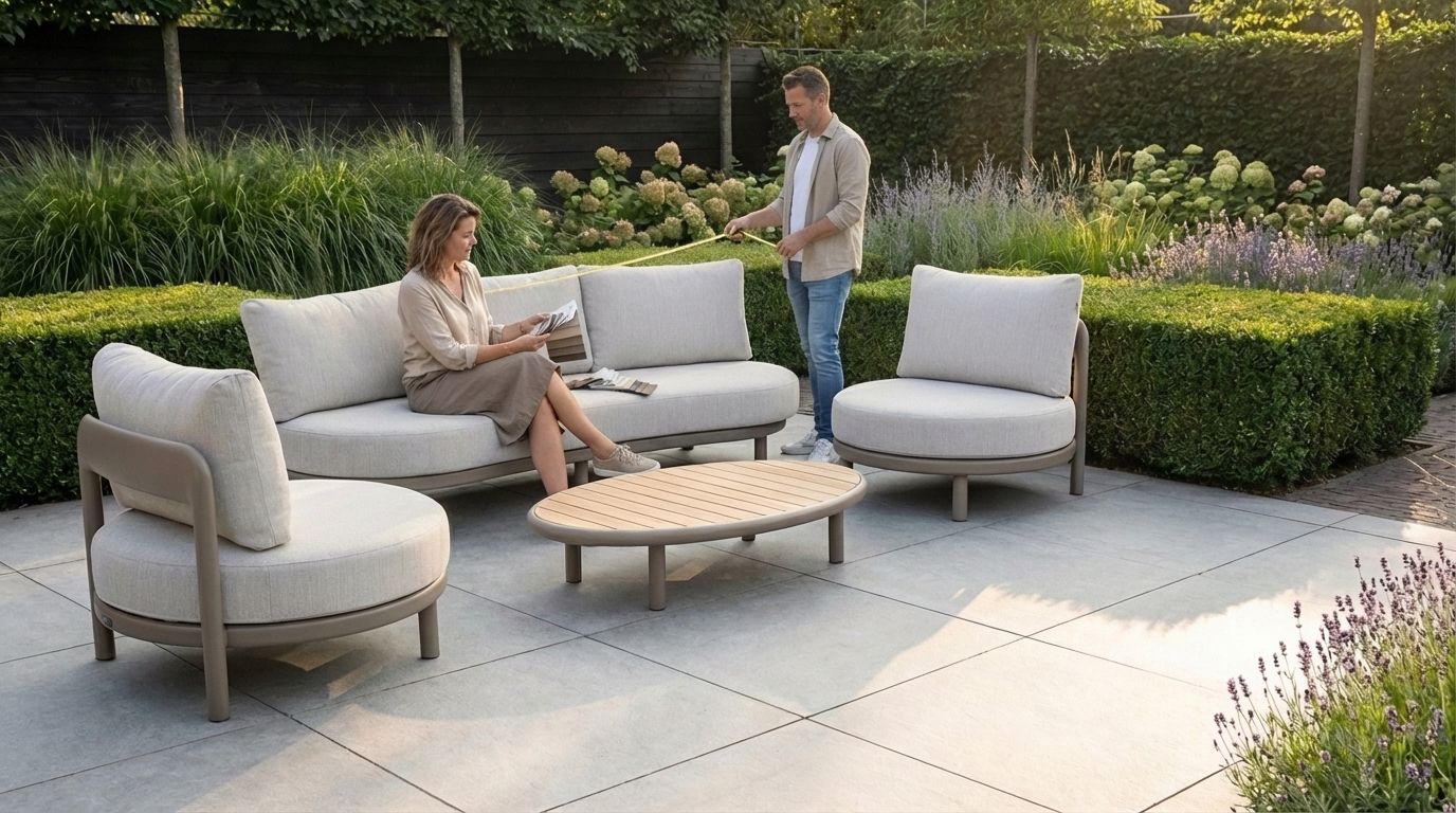 Comfortabele hoek loungeset met grijze kussens op een ruim terras