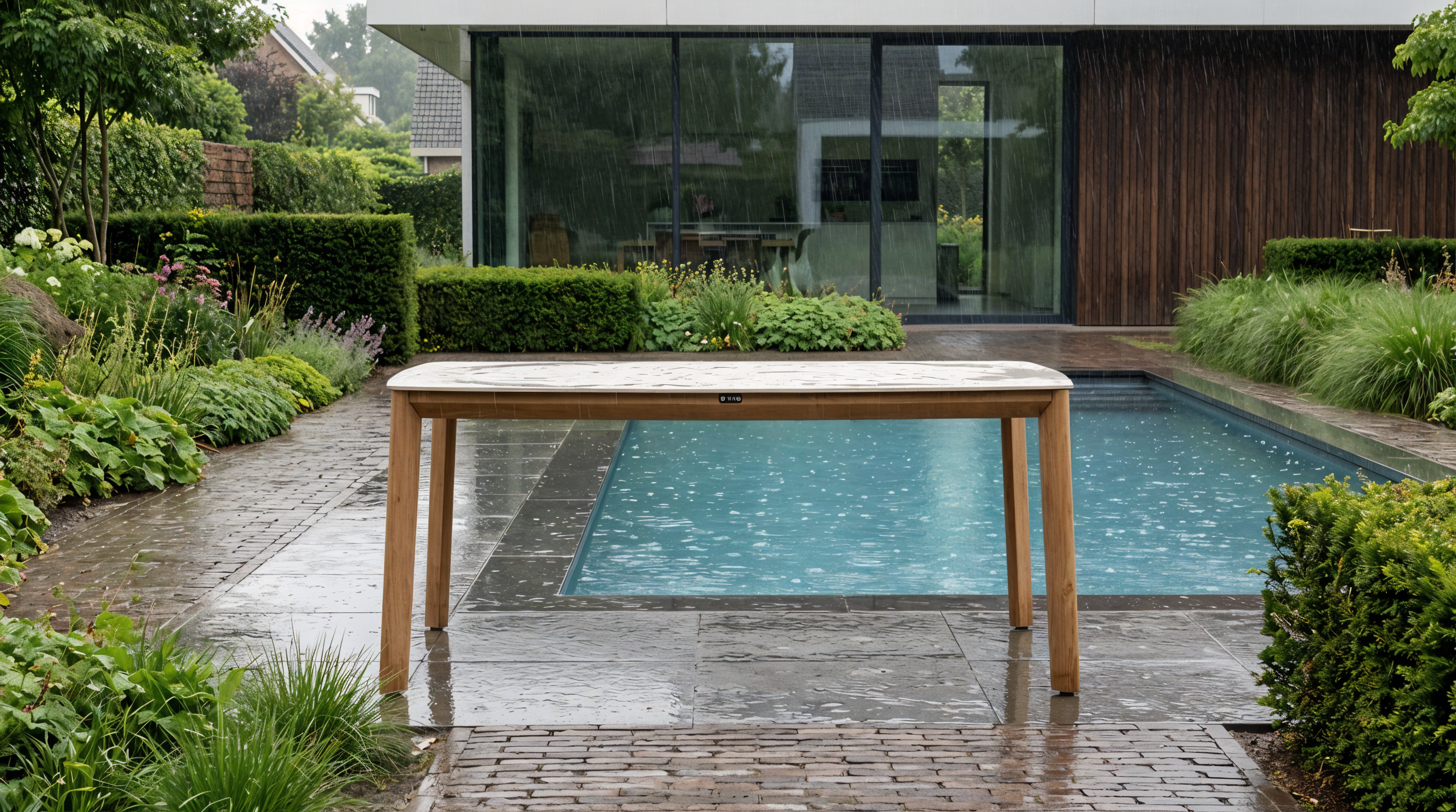 Tuintafel in regenachtige weeromstandigheden