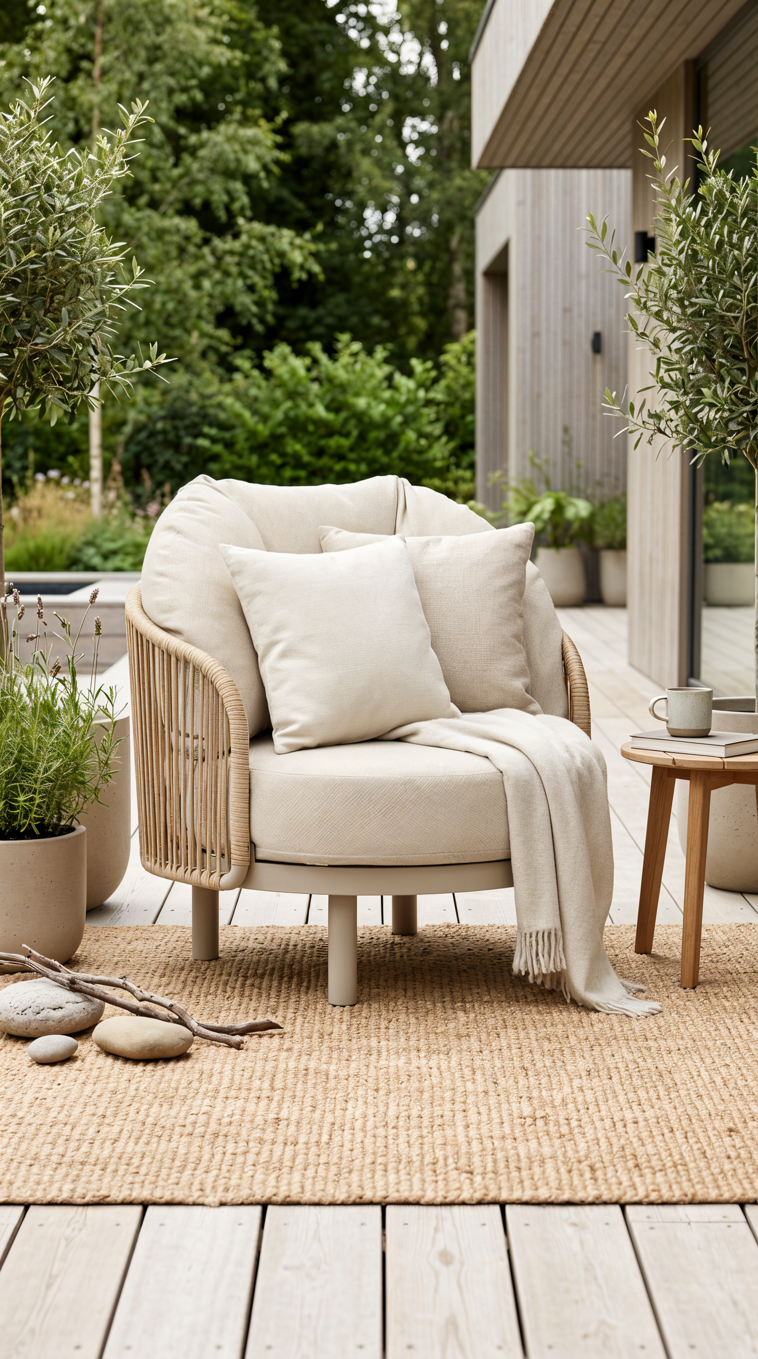 Comfortabele beige loungestoel met kussens en plaid op een houten terras, naast een bijzettafel met mok, omringd door planten.