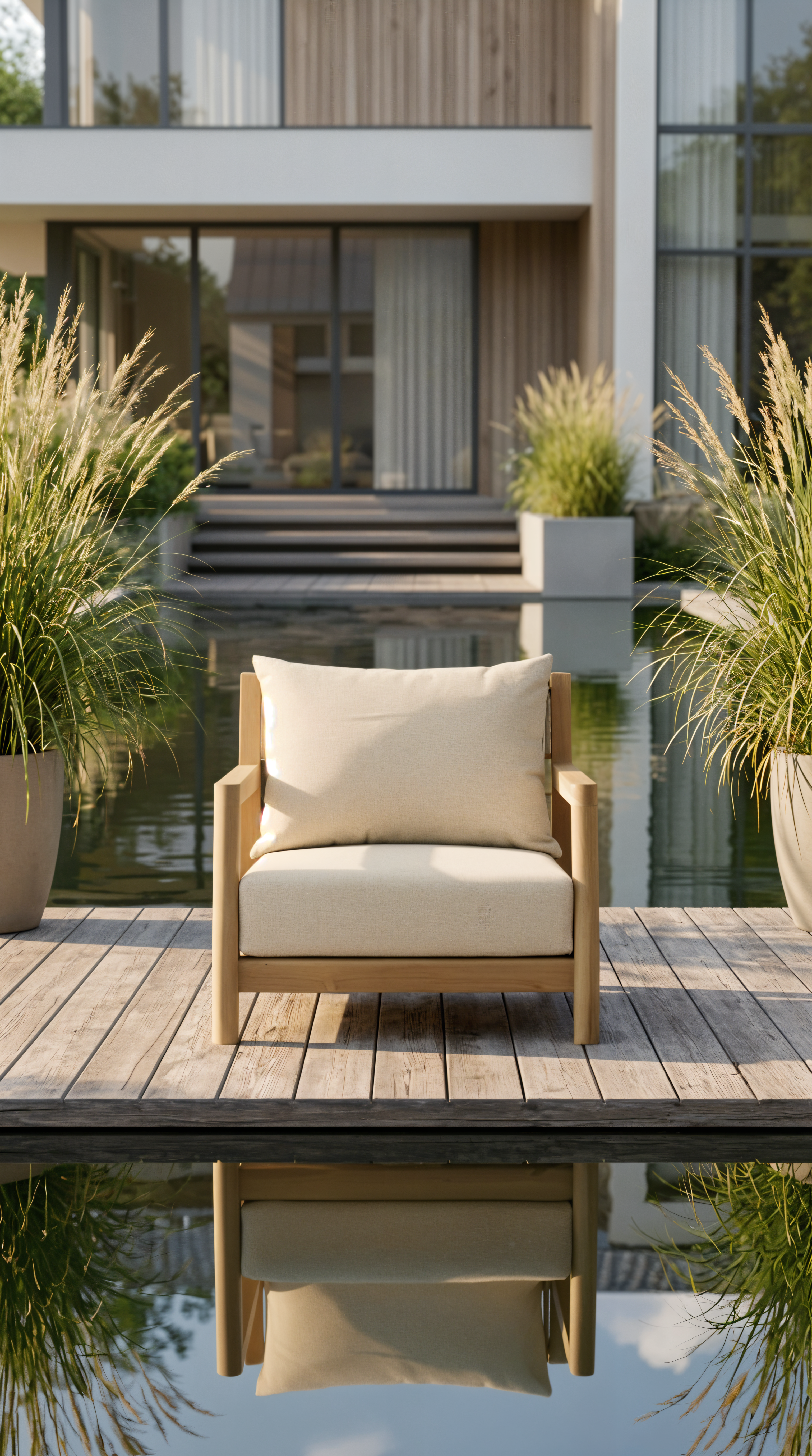 Houten loungestoel voor buiten met brede armleuningen en beige kussens, geplaatst op een houten vlonder aan het water in een moderne, groene tuin.