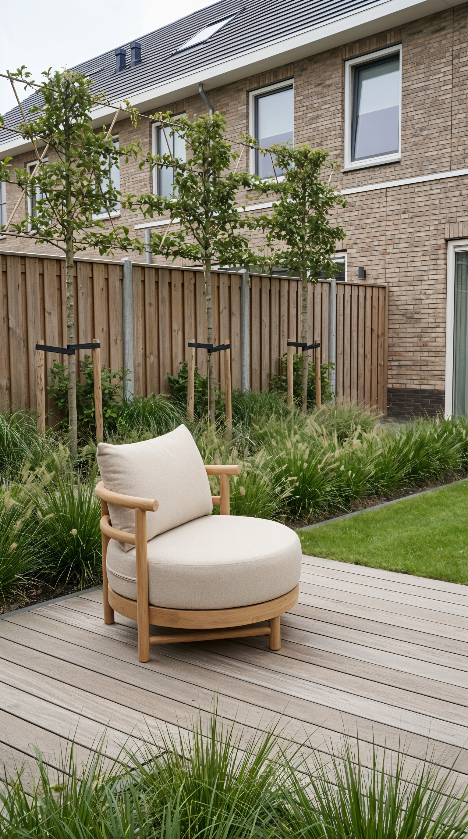 Ronde lounge tuinstoel met houten frame en lichte kussens op een modern houten terras in een strak aangelegde tuin.