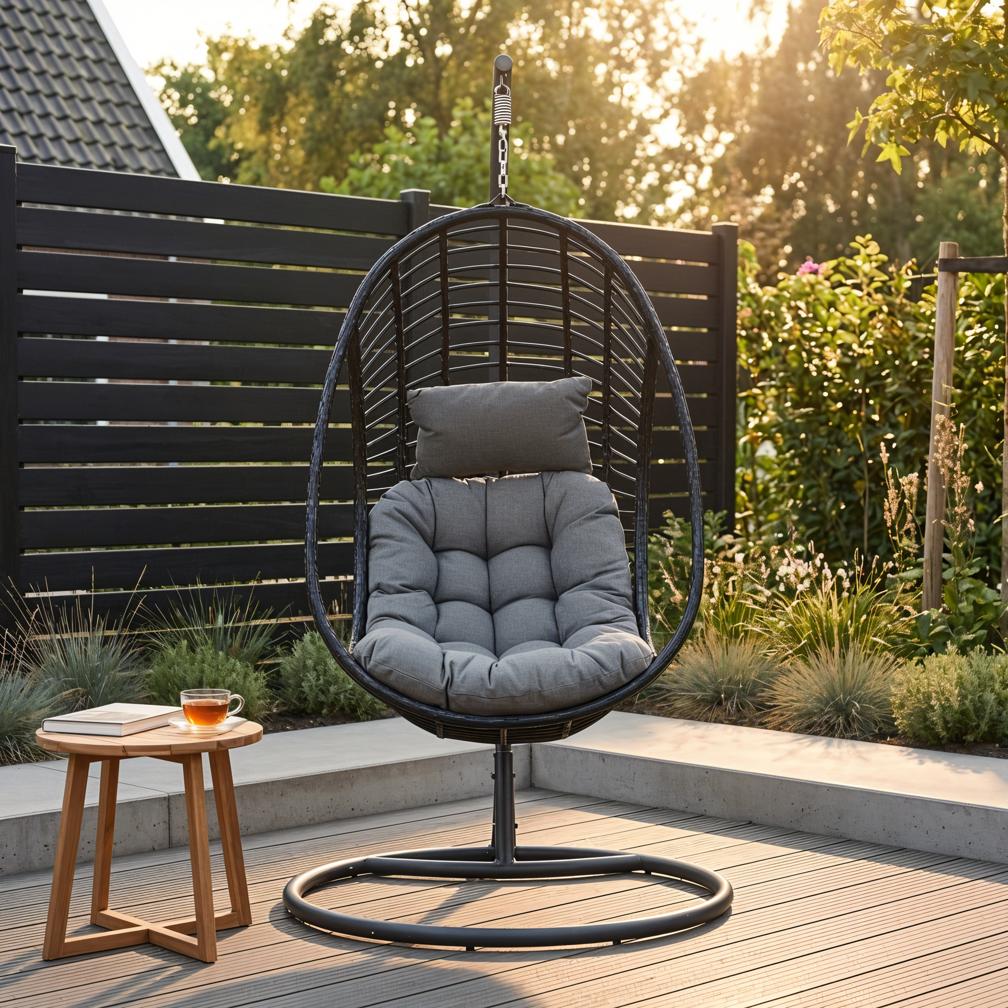Hangstoel voor buiten met zwart frame en grijs zitkussen op een terras, sfeervol geplaatst in een groene tuin.