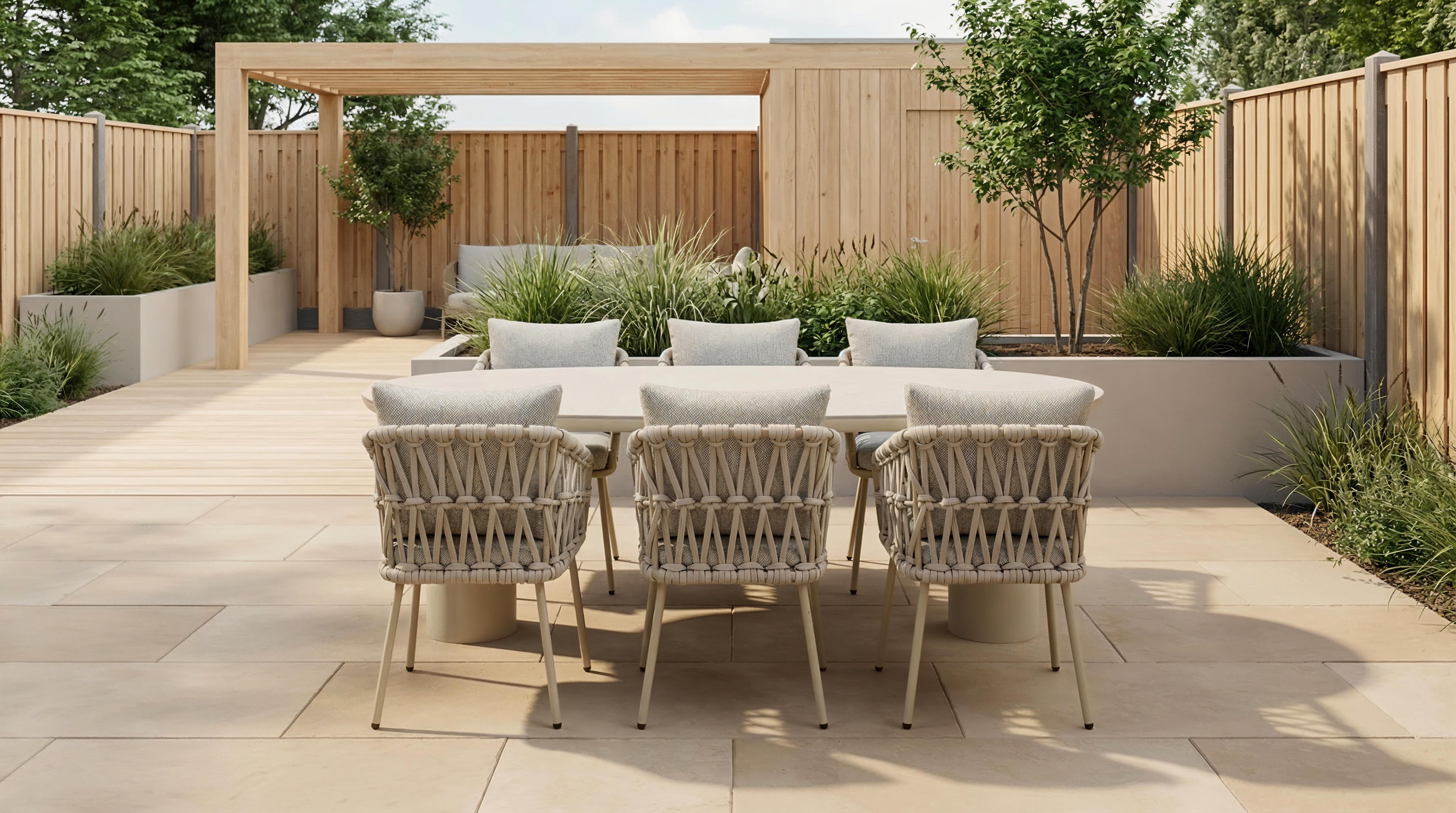 Moderne tuin met houten schutting, verhoogde plantenbakken met groen en een buitentafel met zes gevlochten stoelen op een licht betegeld terras.