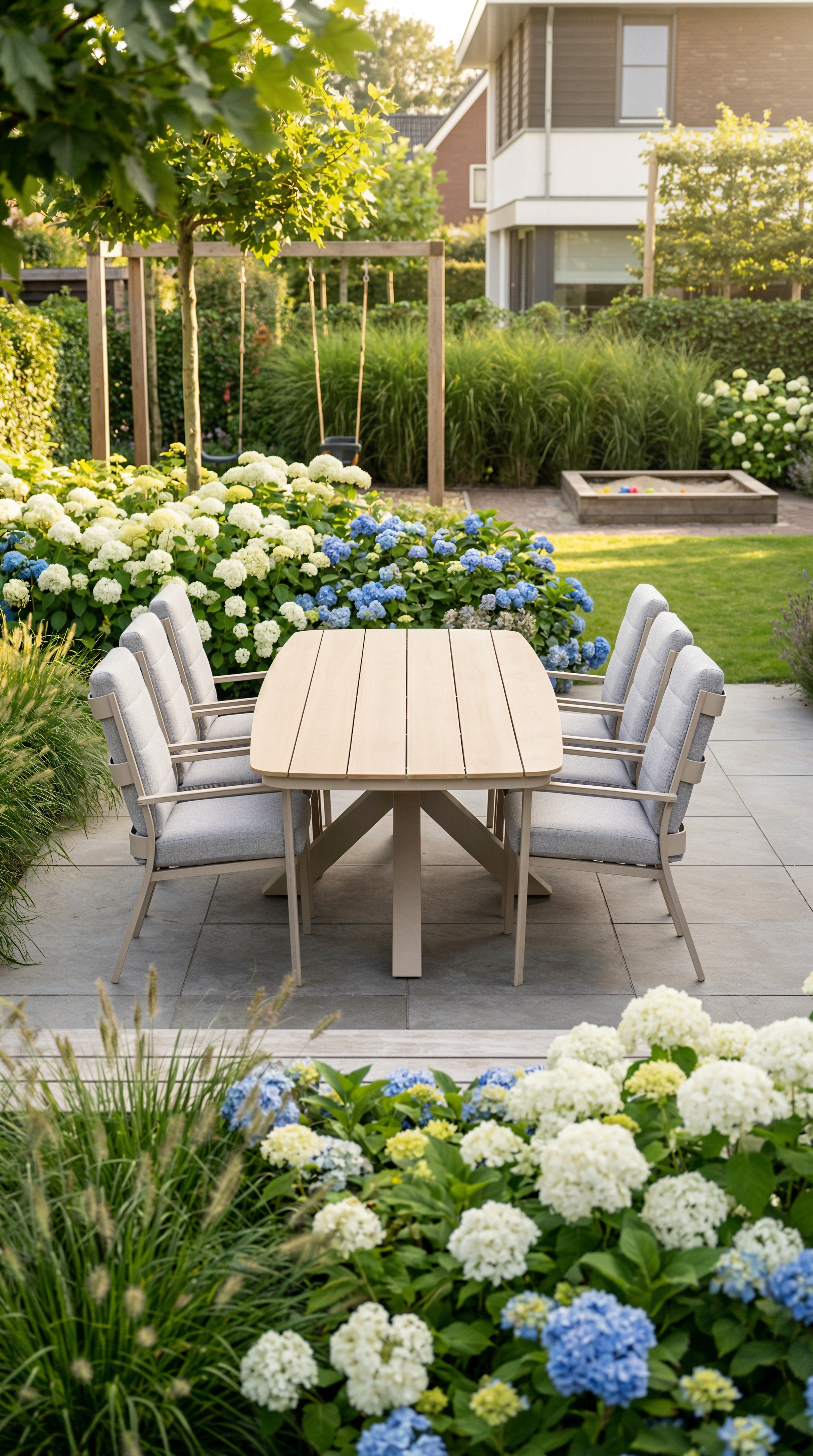Zes grijze tuinstoelen met kussens rondom een beige houten tuintafel op een betegeld terras, omringd door bloeiende hortensia’s in wit en blauw, met op de achtergrond een groene tuin en een zandbak.