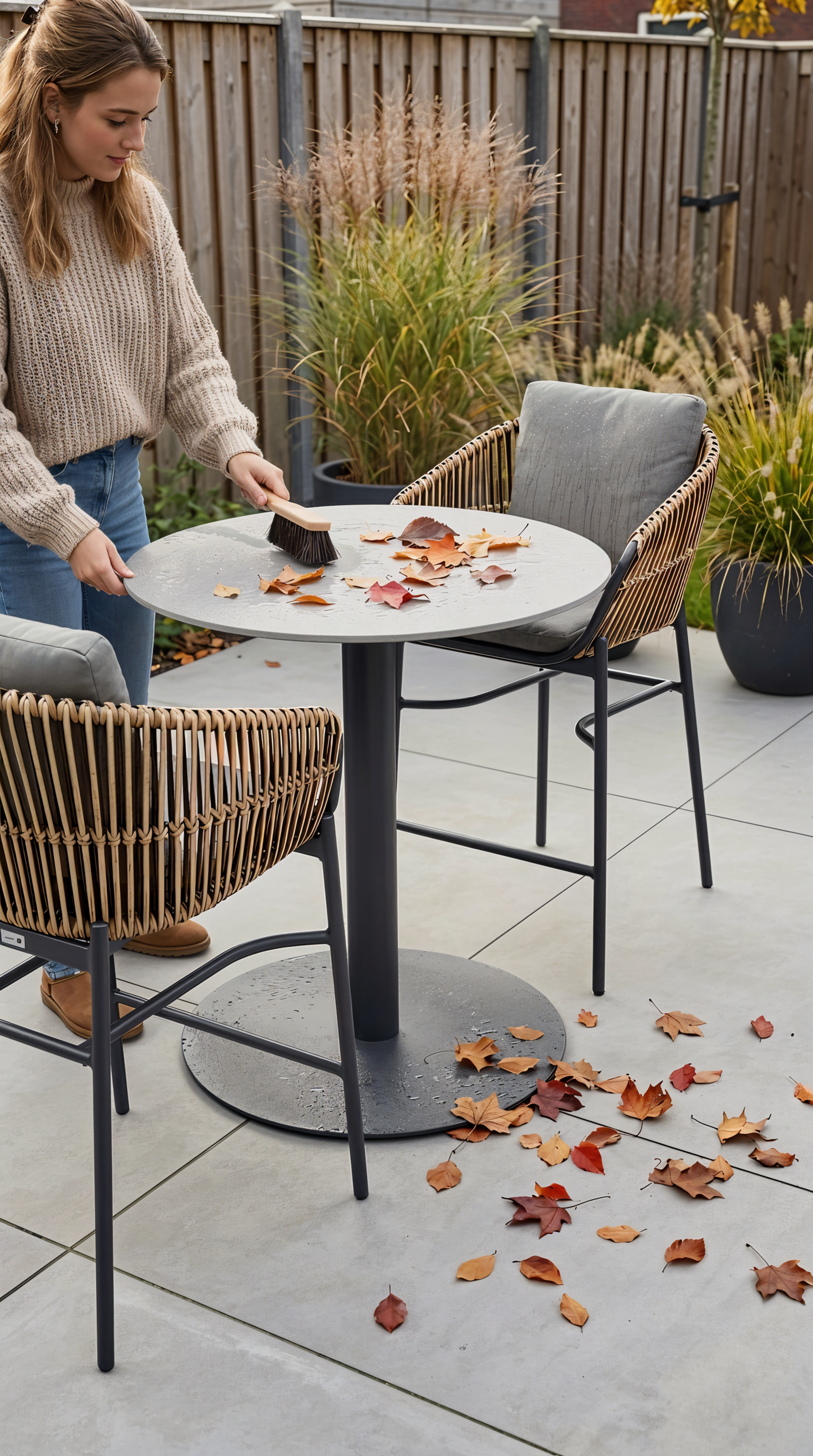 Vrouw veegt herfstbladeren van een ronde buitentafel met zwarte poot, omringd door twee rope tuinstoelen met grijze kussens op een betegeld terras in de tuin.