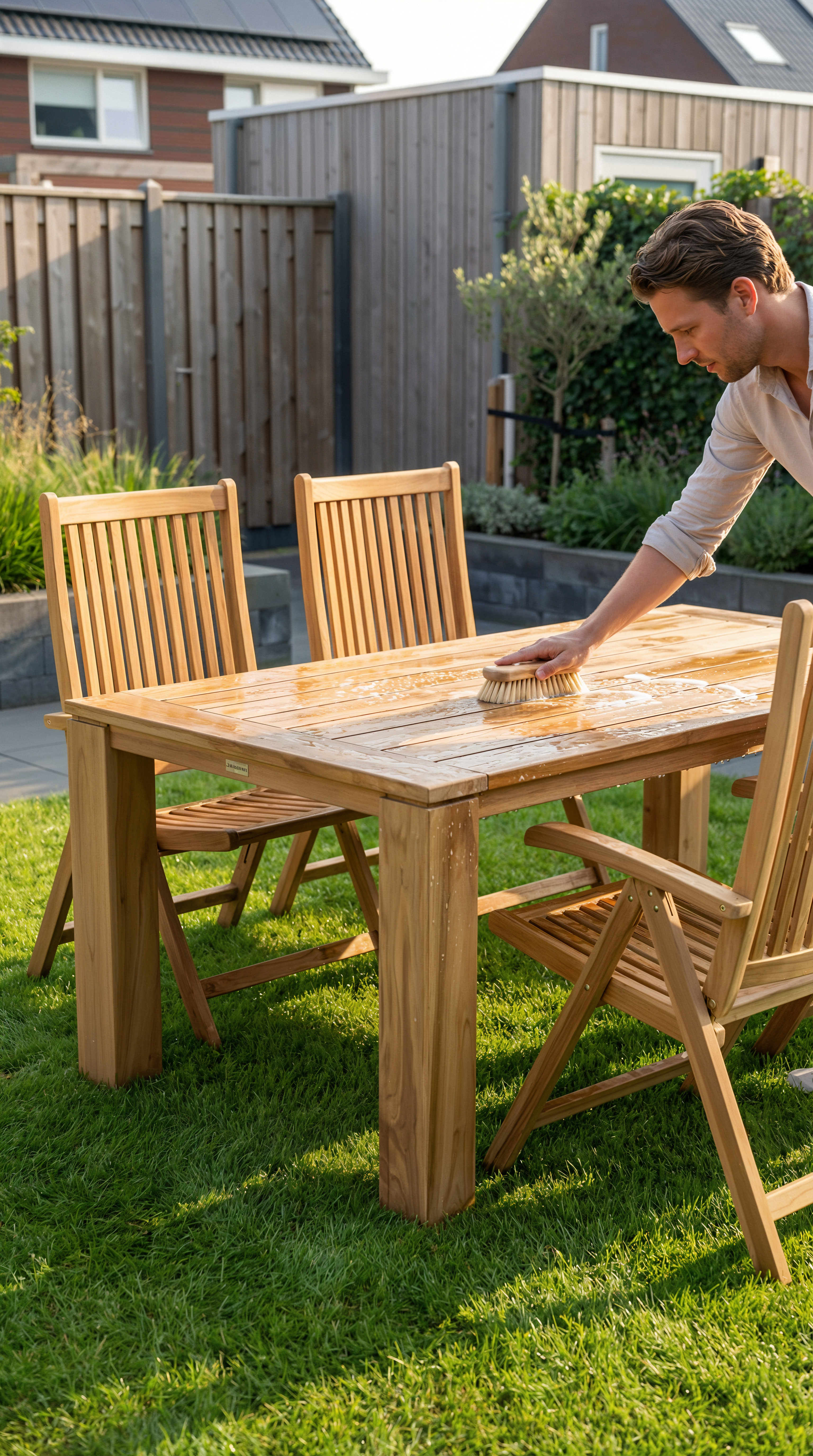 Man schrobt een houten tuinset met tafel en klapstoelen met sop in een groene achtertuin bij een schutting.
