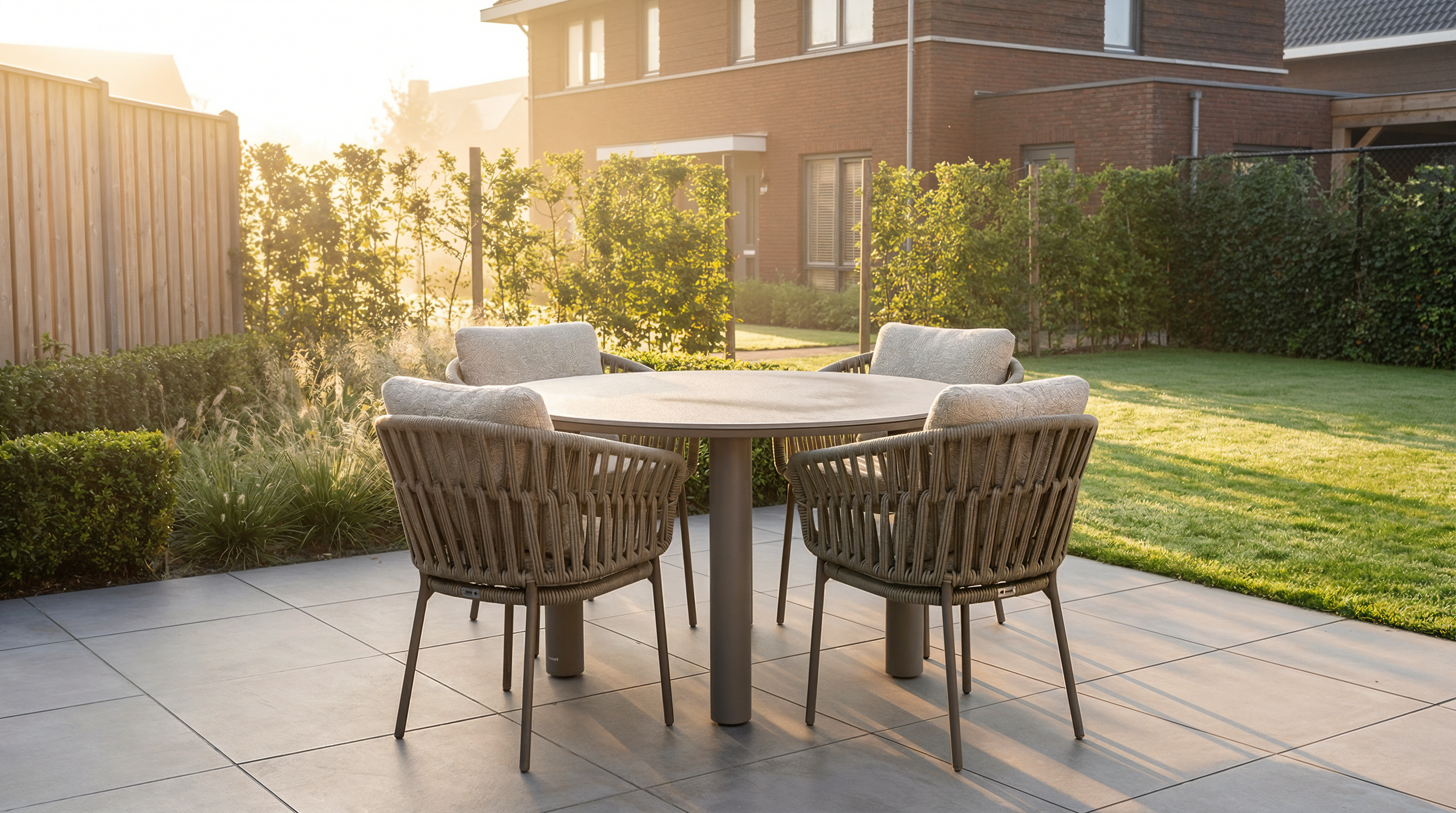 ronde tuinset met taupe tuintafel en vier rope tuinstoelen met kussens op een zonnig terras in een groene achtertuin bij een modern huis.