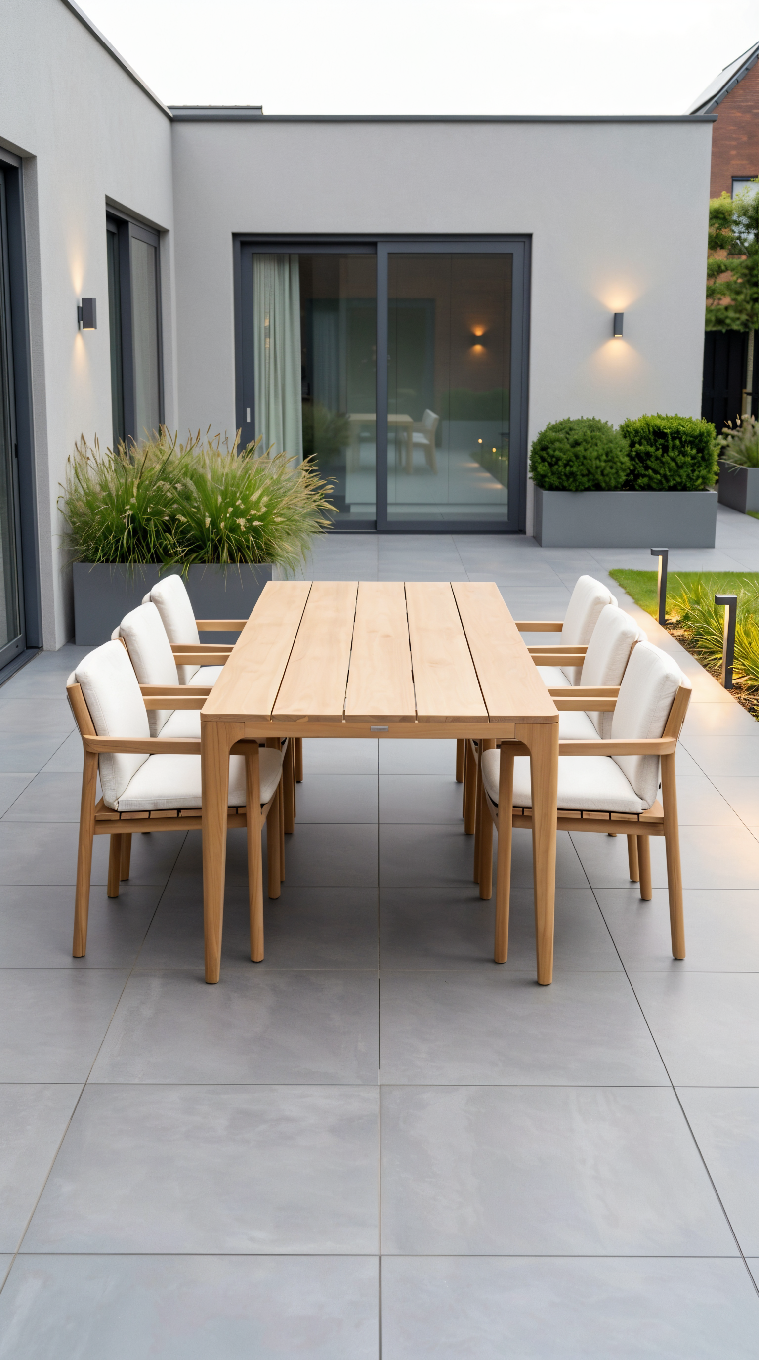 Santika Suka/Sentis 240 cm dining tuinset (7-delig) met teak tuintafel en 6 diningstoelen met lichte kussens op modern terras.