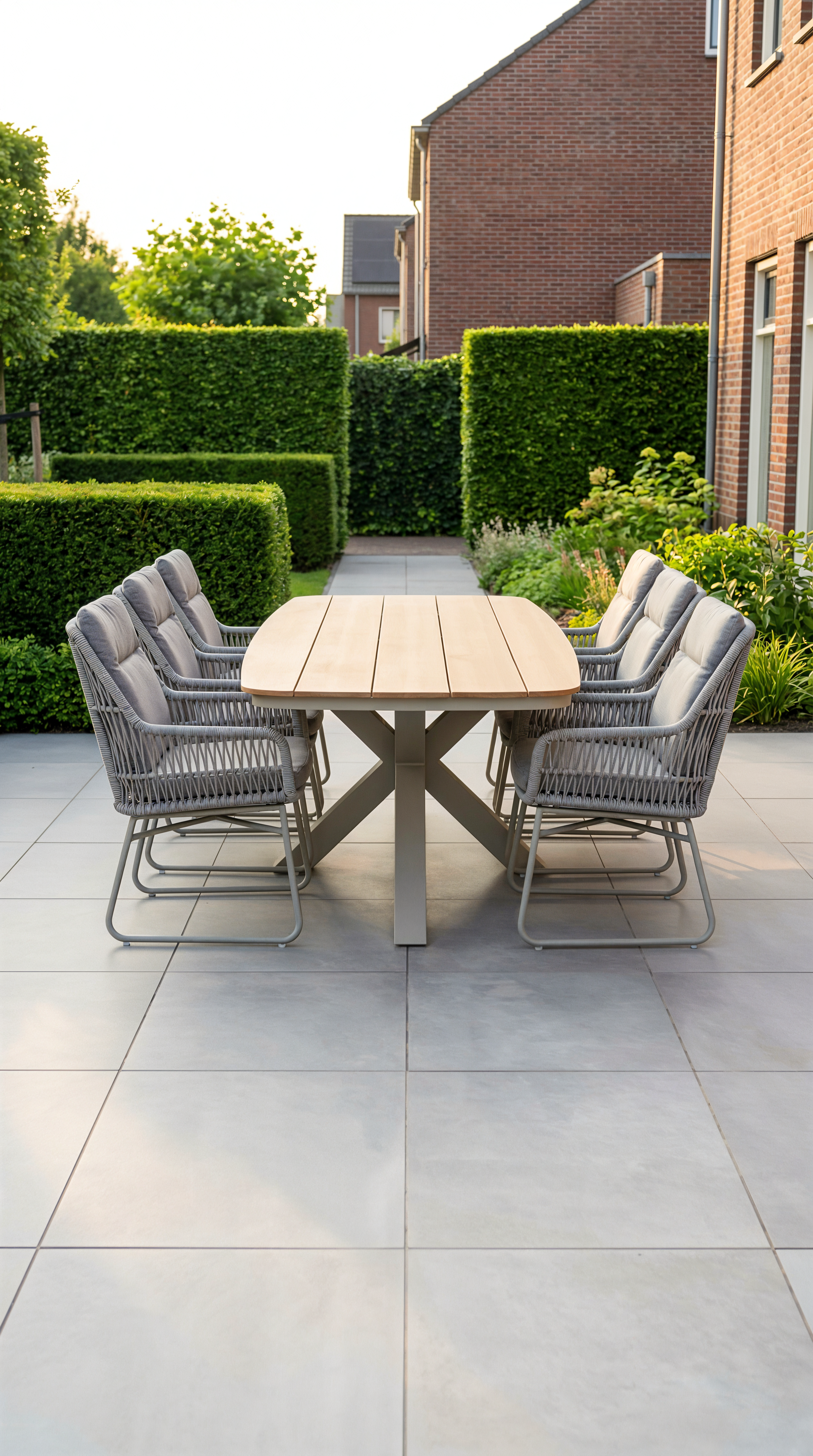 Lifestyle Vicente/Camila 220 cm dining tuinset (7-delig) met ovale tuintafel en 6 wicker diningstoelen met kussens op een landelijk terras.