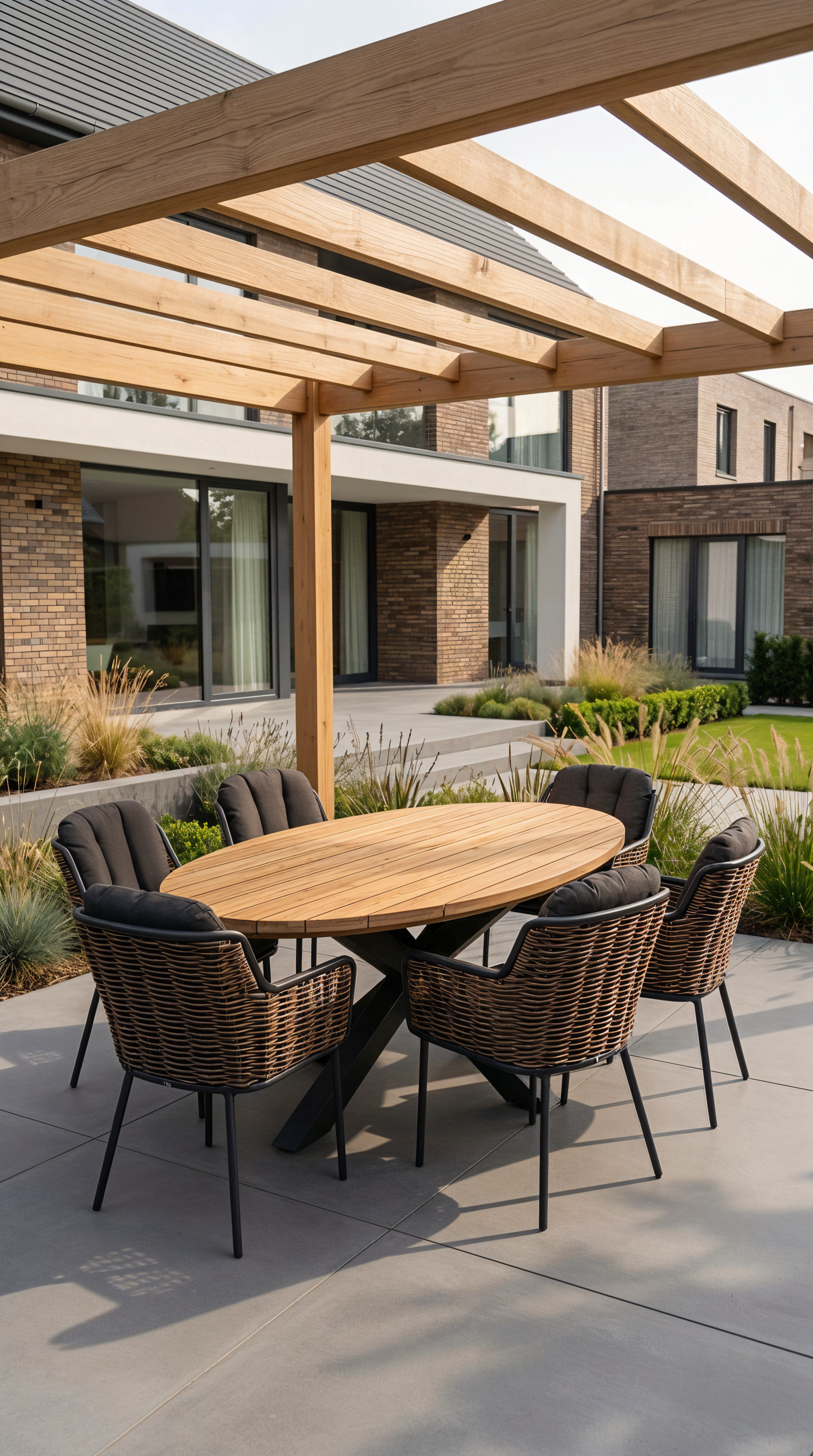 Santika Fasano/Diogo 240 cm dining tuinset (7-delig) met ovale houten tuintafel en 6 wicker diningstoelen met kussens onder pergola op terras.