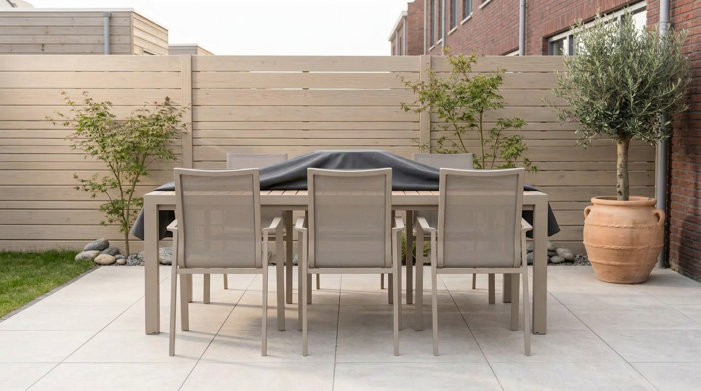 Moderne tuinset op terras die deels wordt afgeschermd met een grijze tuinset afdekhoes.