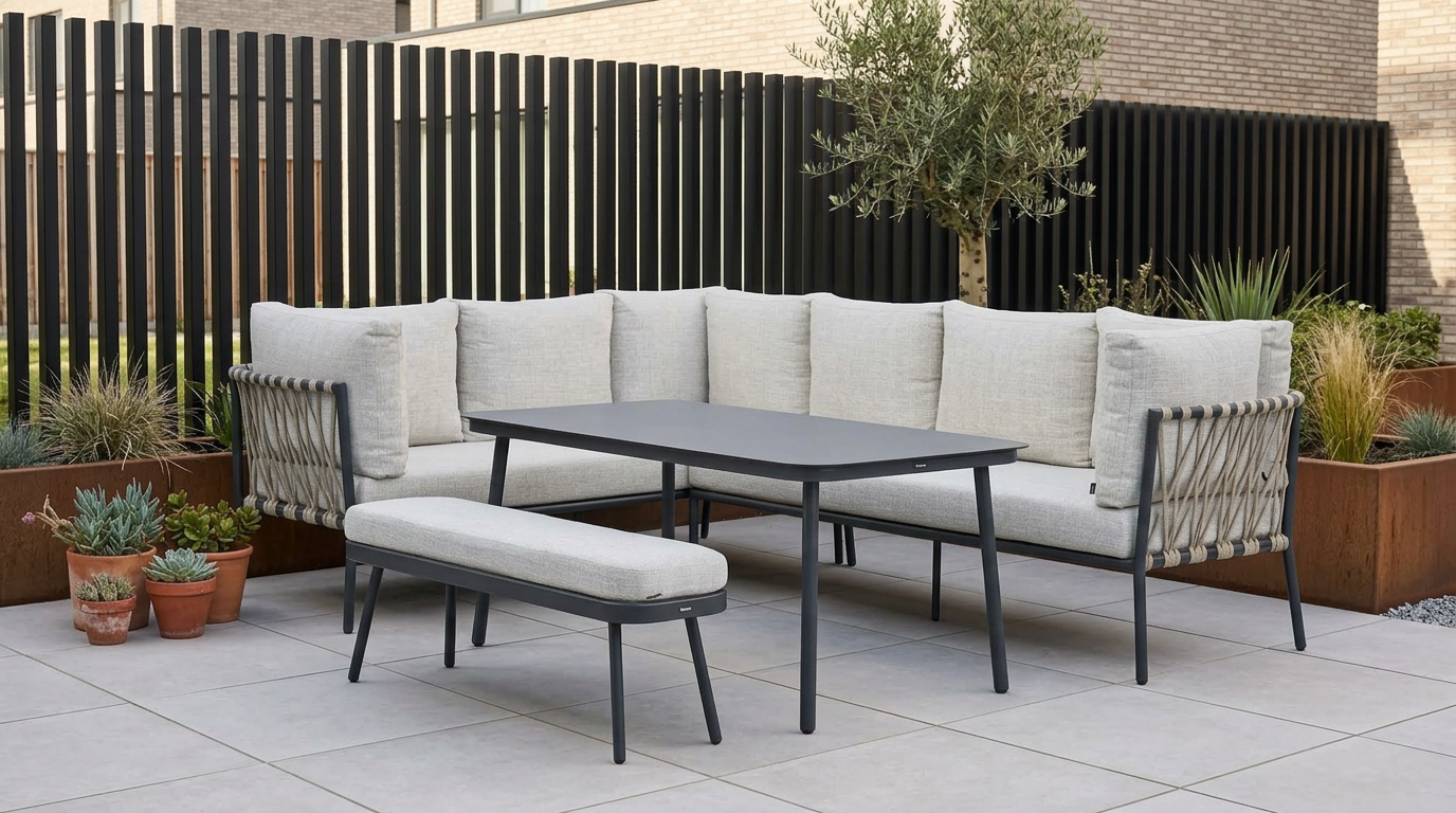 Moderne aluminium loungeset voor buiten met lichtgrijze kussens, hoekbank, tafel en bankje op strak aangelegd terras in moderne tuin.