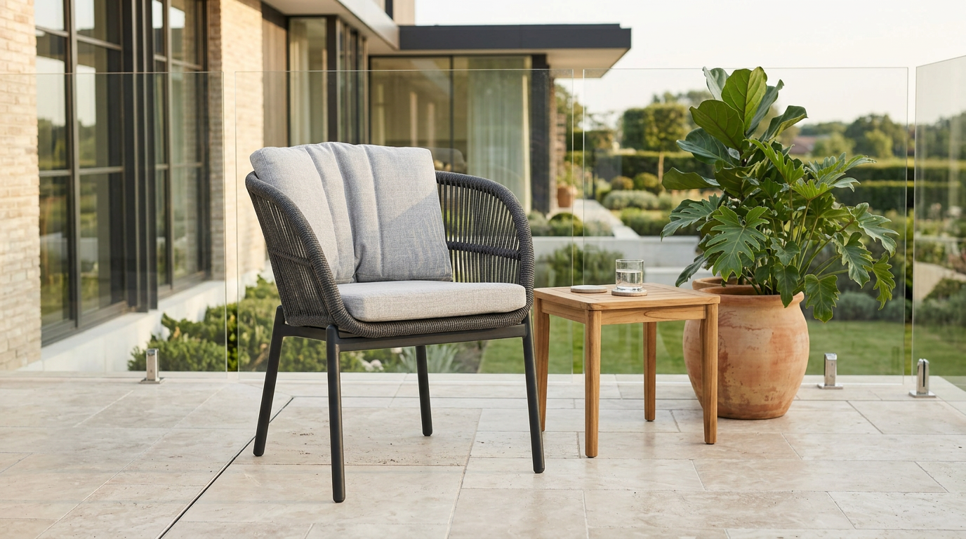 Een moderne antracietkleurige tuinstoel met grijze kussens op een zonnig terras, die gevoelig kan zijn voor statische elektriciteit tijdens droge en winderige dagen.