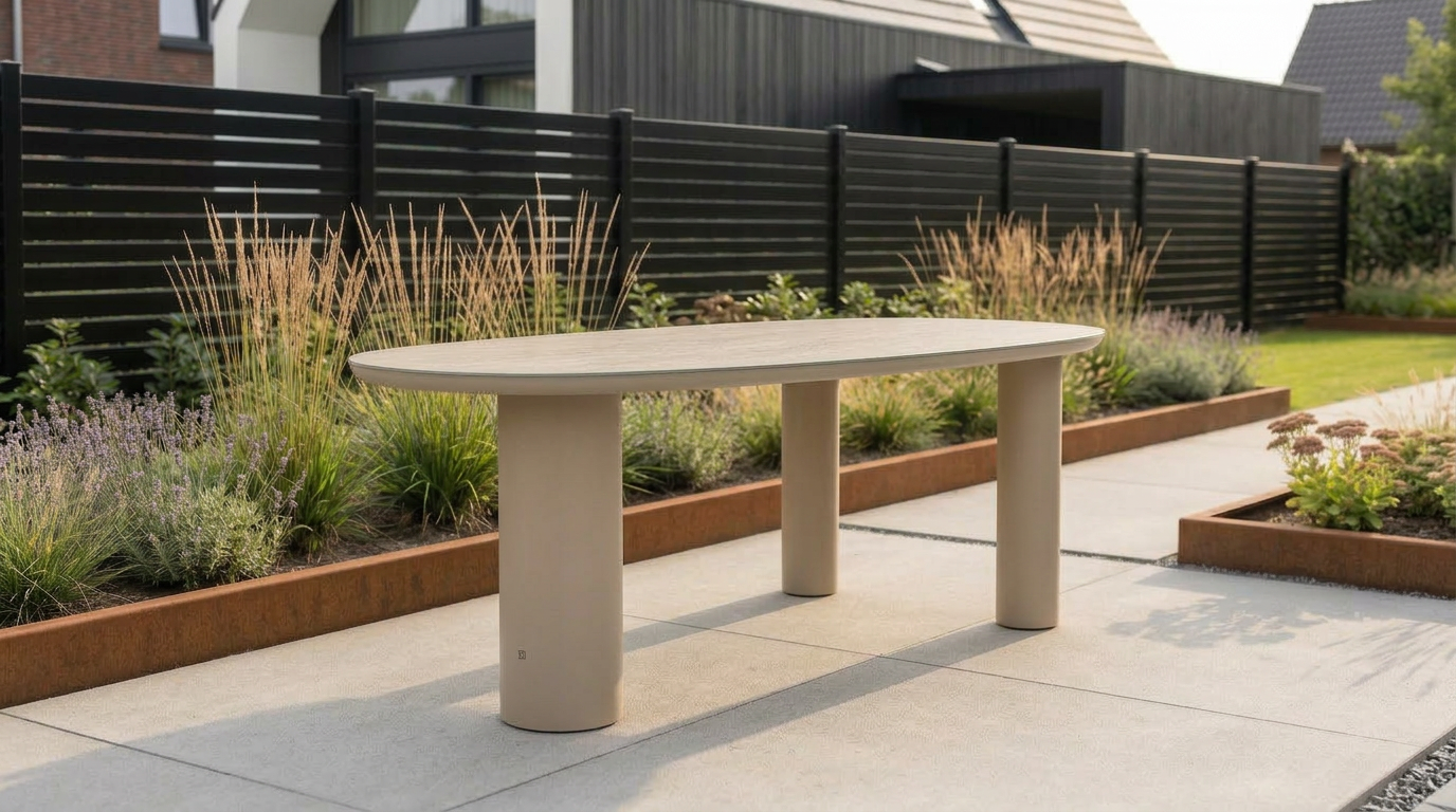 Moderne ovale beige tuintafel met drie dikke cilindervormige poten, geplaatst op een strak betegeld terras in een eigentijdse tuin met cortenstalen borders en een zwarte schutting