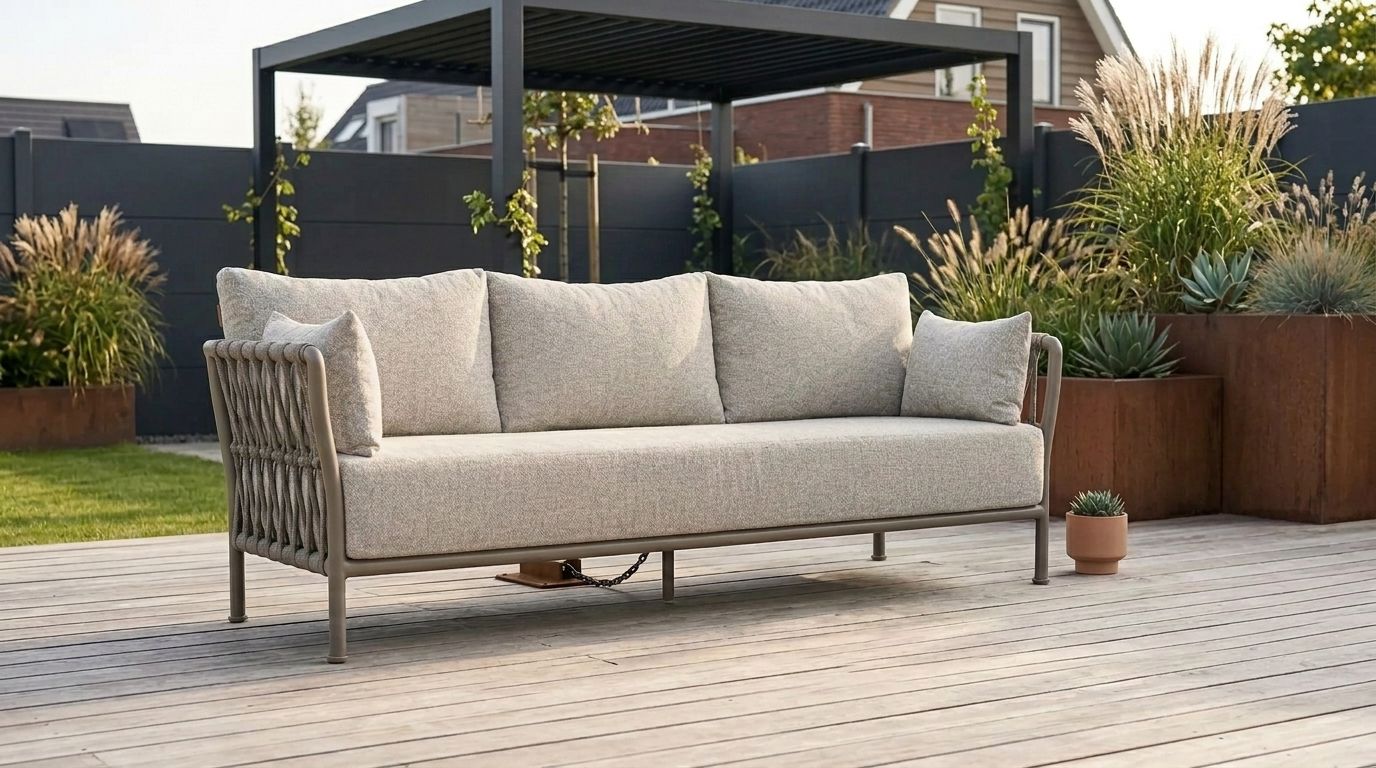 Een moderne 3-zits tuinbank op een houten vlonder, stevig vastgezet tegen diefstal en storm met een robuust grondanker en een weerbestendige ketting.