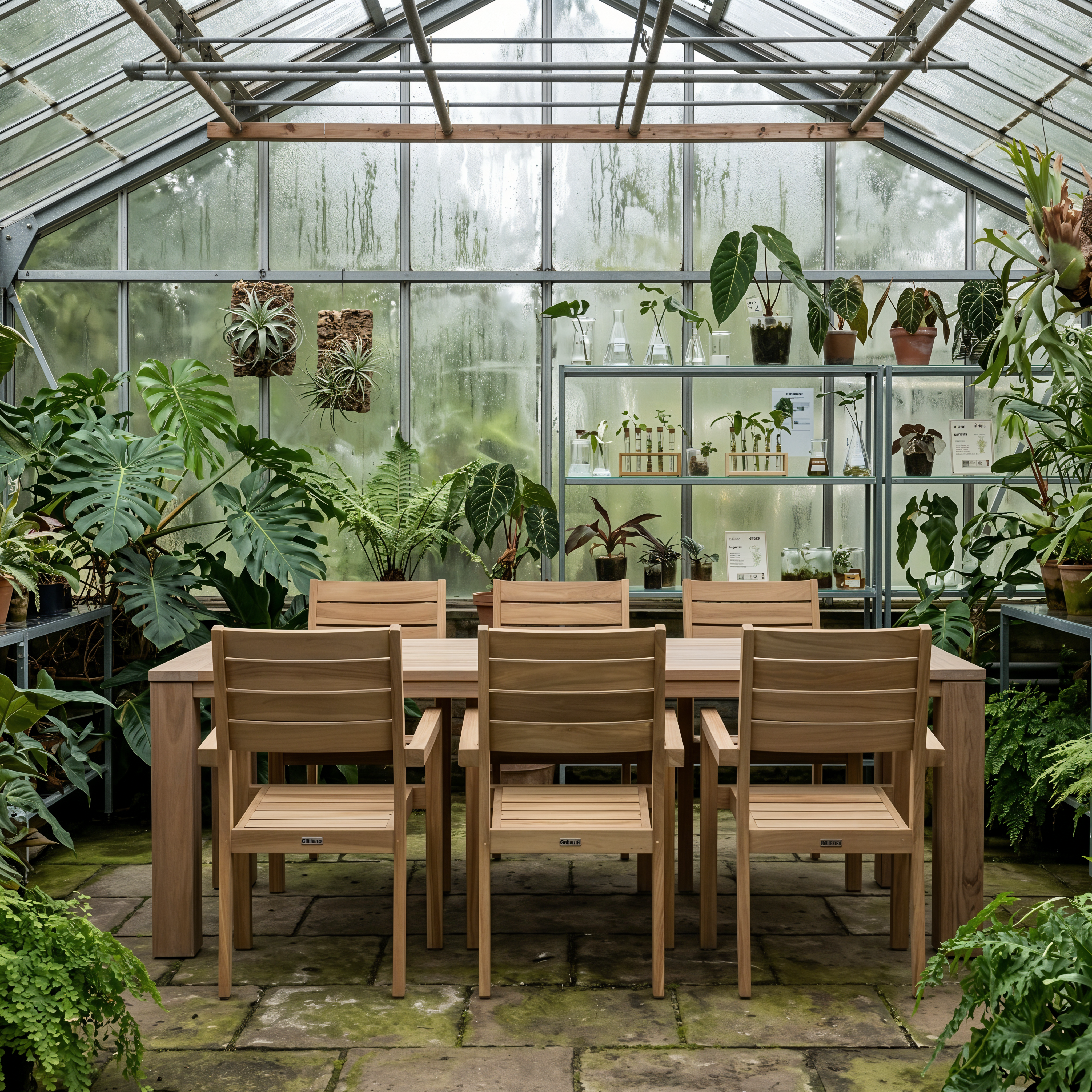 Houten tuintafel die goed combineren met de houten tuinstoelen, in een kas met sfeervolle groene planten. 