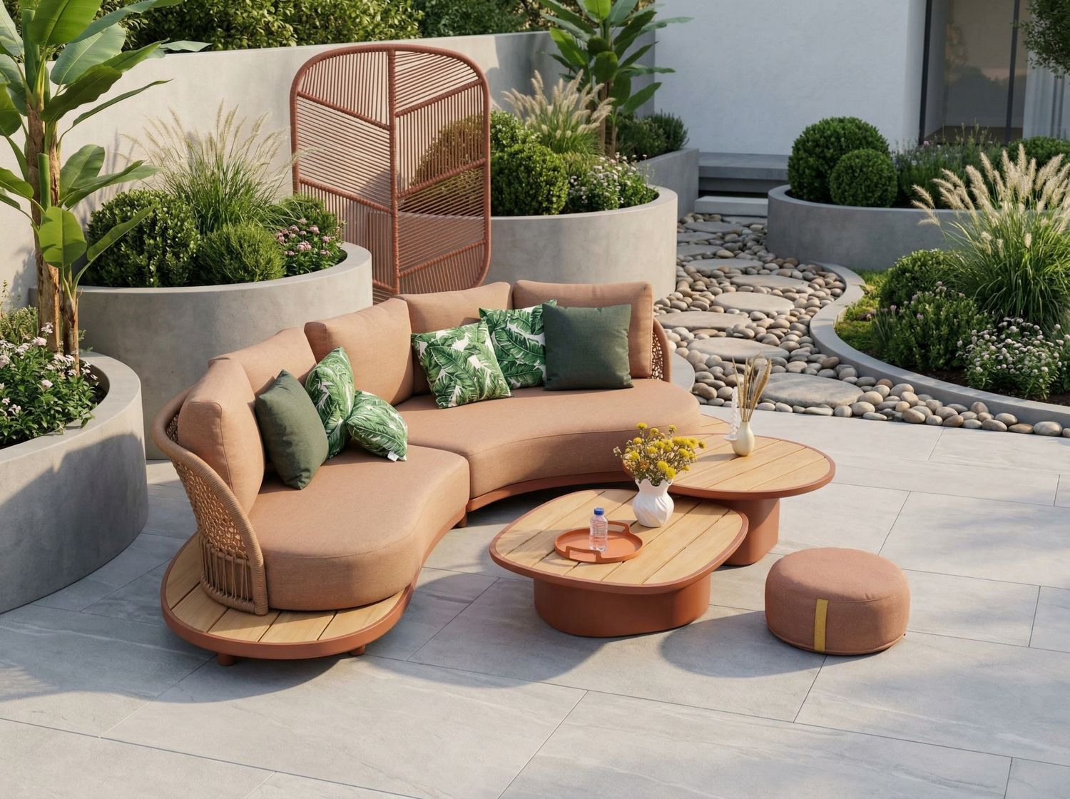 Warm terra, organische vormen en levend groen: dit zijn dé tuintrends van 2026