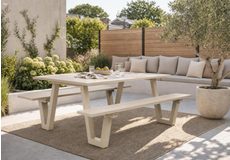 Houten tuin picknicktafel met twee bijpassende banken en wit frame, moderne tuintafel set voor terras of tuin