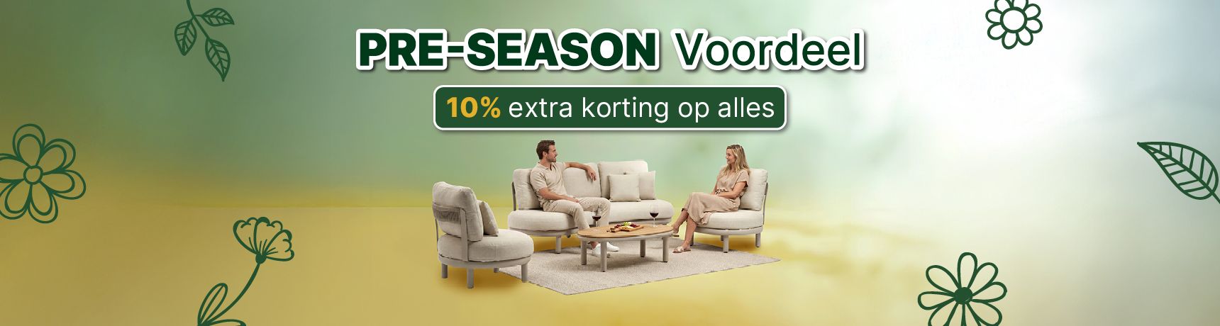 Vooraanzicht van een groep mensen op een tuinset met rope tuinstoelen en een rechthoekige tuintafel in een Ibiza-tuinsetting.