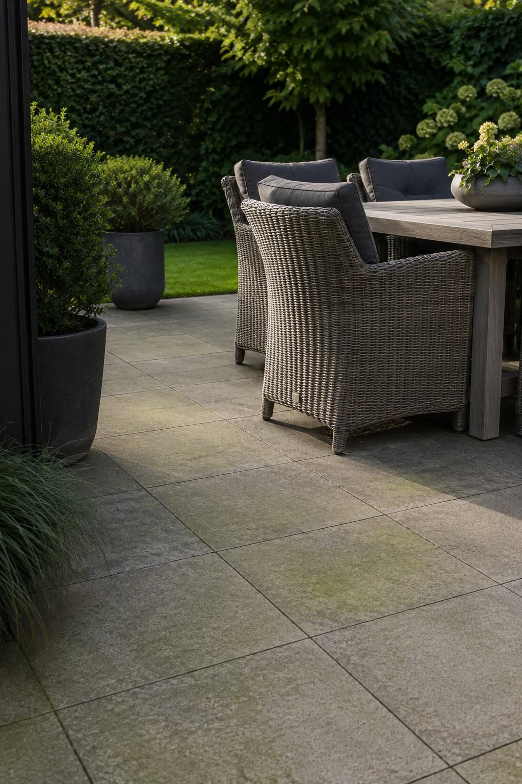 Onderhoudsvriendelijke aluminium zweefparasol met realistische houtlook mast en zwart doek boven een moderne loungeset.