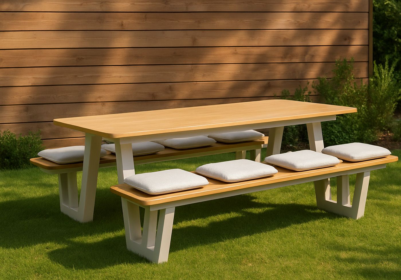 picknickbank Rio met polywood houten look blad en aluminium frame in zandkleur. Afmeting: 220 cm.