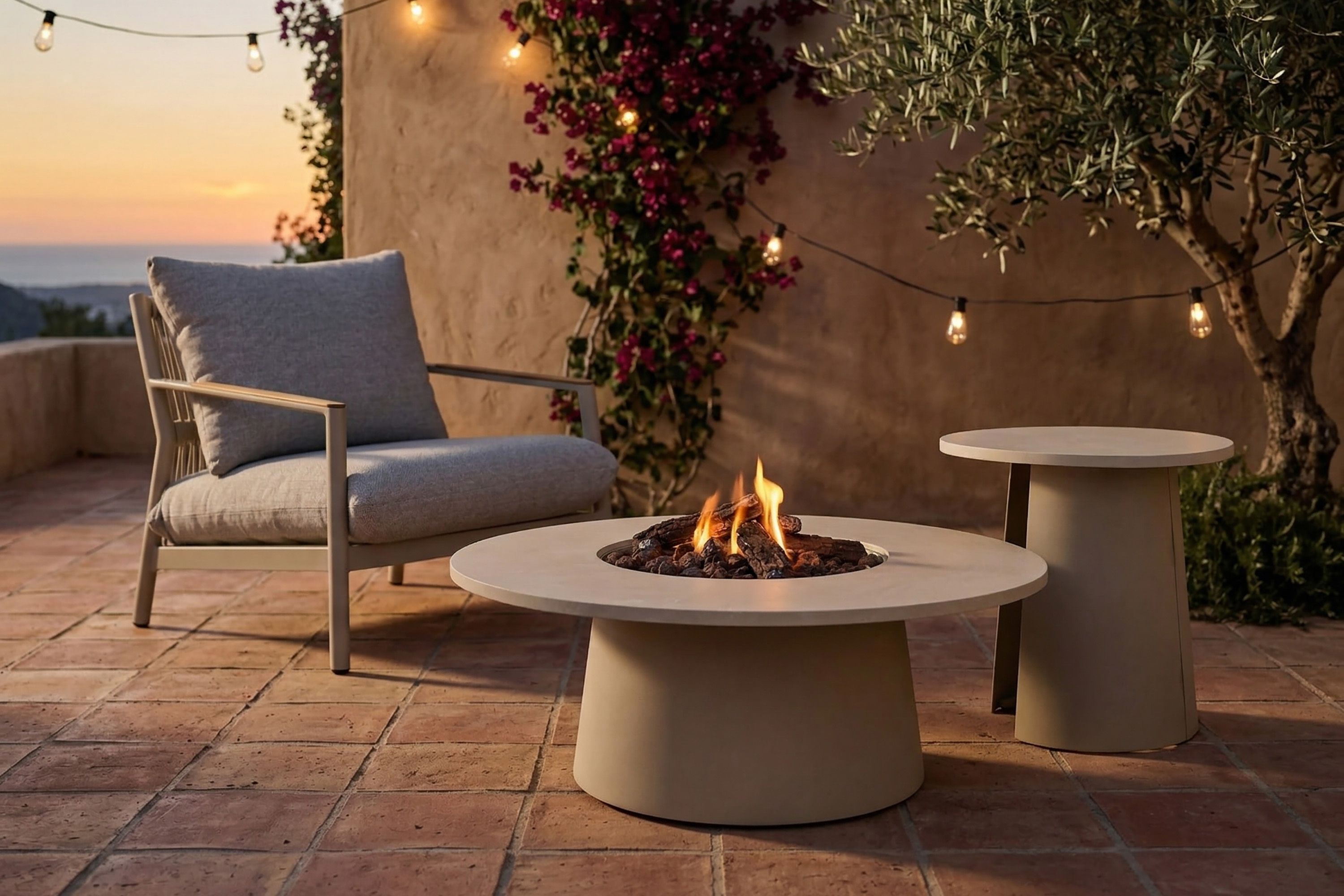Mediterrane patio in de avond met een moderne vuurtafel en bijzettafels op de voorgrond; op de achtergrond staat een lounge tuinstoel bij een warme, sfeervolle buitenverlichting.